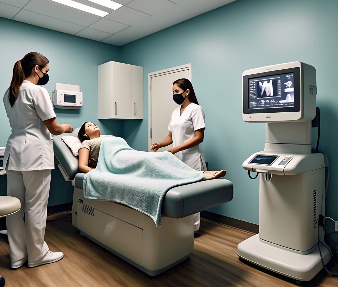 technician using mammogram equipment in Cagua clinic.